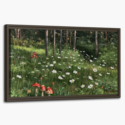 A green woodland floor covered with small white daisies and red mushroom accents single framed canvas wall art on a white background