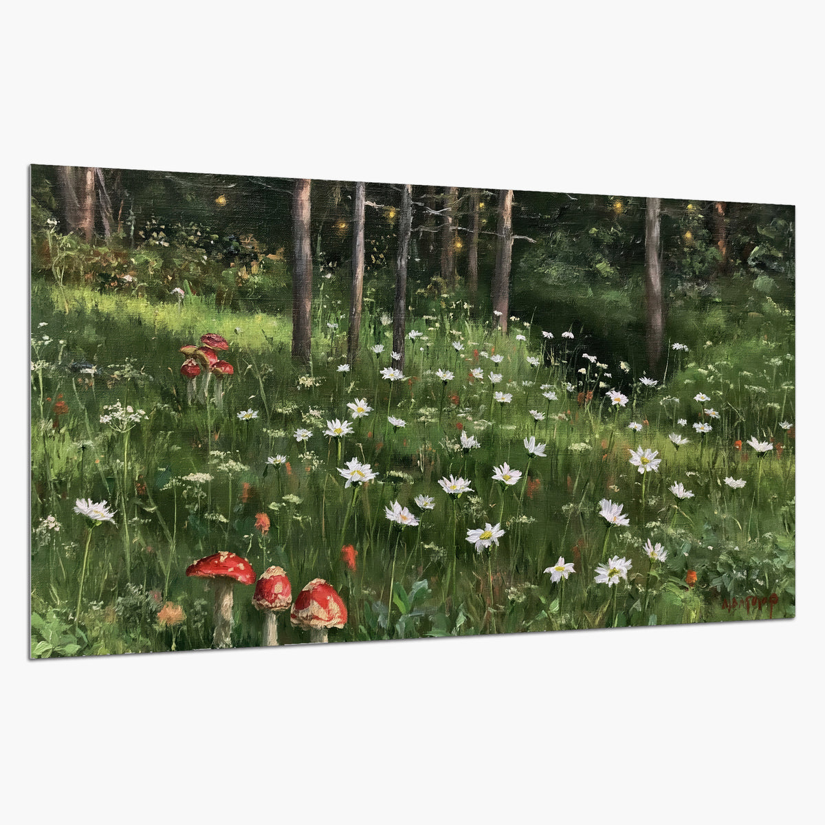 A green woodland floor covered with small white daisies and red mushroom accents single poster print on a white background