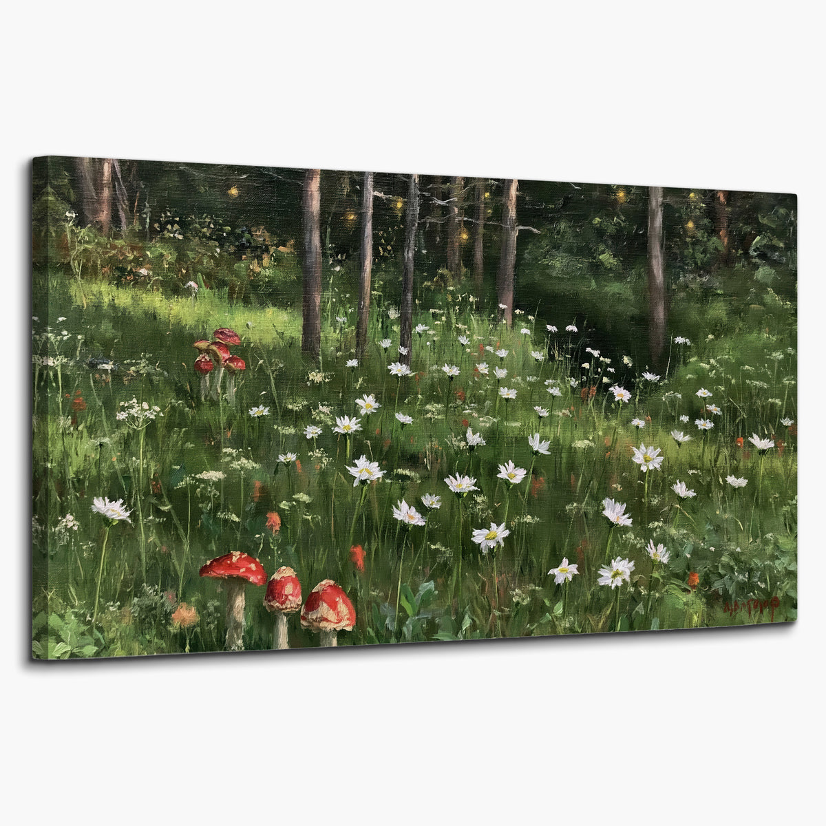 A green woodland floor covered with small white daisies and red mushroom accents single canvas wall art on a white background