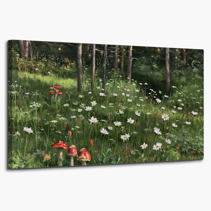 A green woodland floor covered with small white daisies and red mushroom accents single canvas wall art on a white background