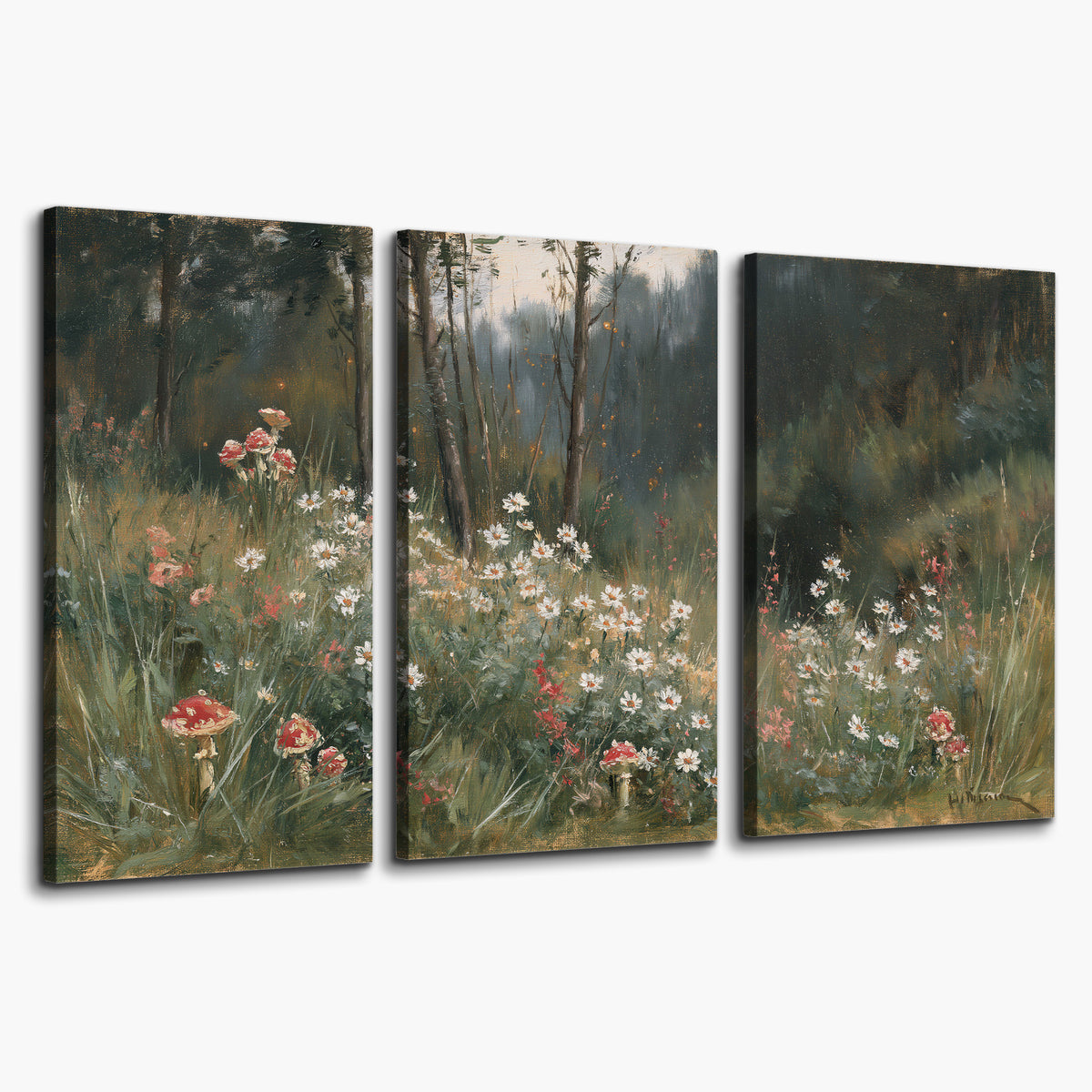 A soft woodland meadow filled with pale flowers and scattered warm red accents 3 piece canvas wall art on a white background