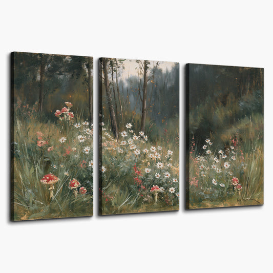 A soft woodland meadow filled with pale flowers and scattered warm red accents 3 piece canvas wall art on a white background