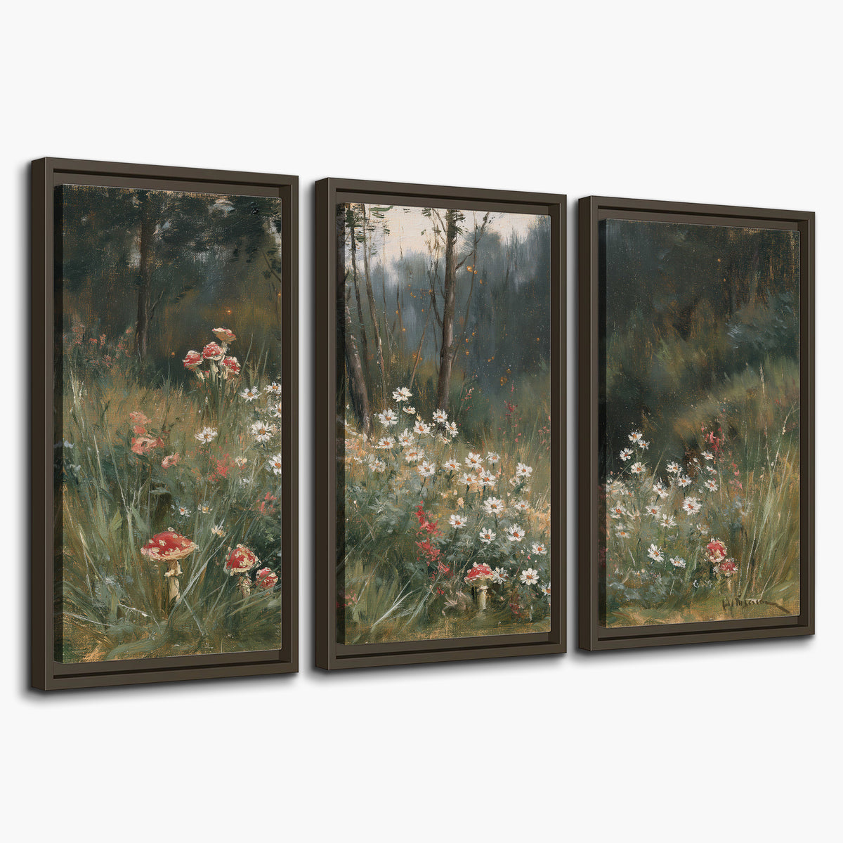 A soft woodland meadow filled with pale flowers and scattered warm red accents 3 piece framed canvas wall art on a white background