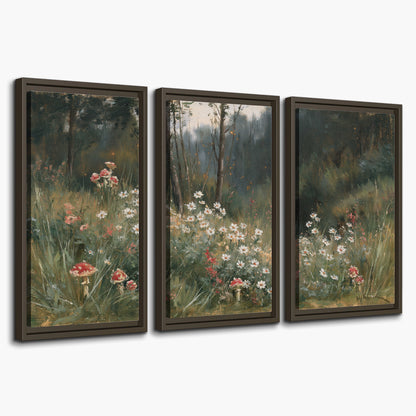 A soft woodland meadow filled with pale flowers and scattered warm red accents 3 piece framed canvas wall art on a white background