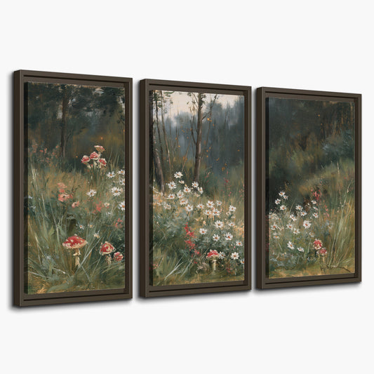 A soft woodland meadow filled with pale flowers and scattered warm red accents 3 piece framed canvas wall art on a white background