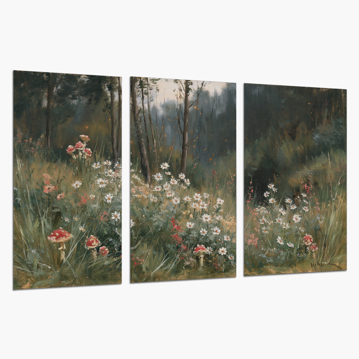 A soft woodland meadow filled with pale flowers and scattered warm red accents set of 3 poster prints on a white background