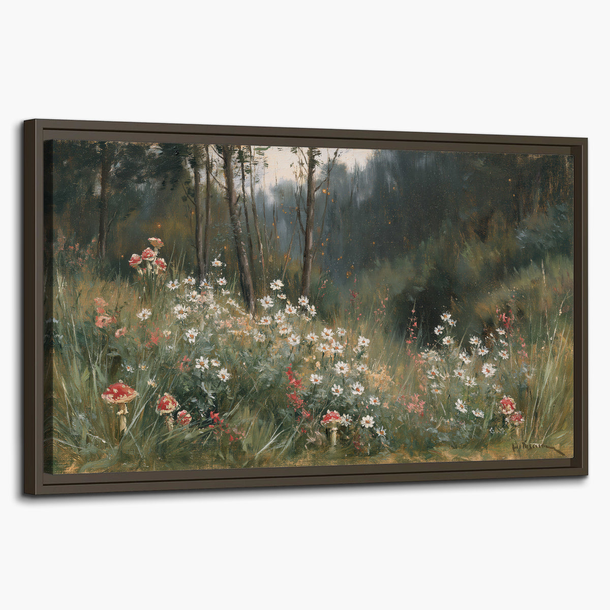 A soft woodland meadow filled with pale flowers and scattered warm red accents single framed canvas wall art on a white background