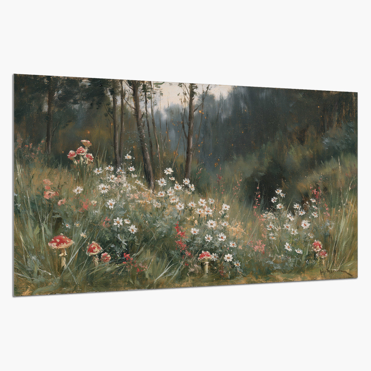 A soft woodland meadow filled with pale flowers and scattered warm red accents single poster print on a white background