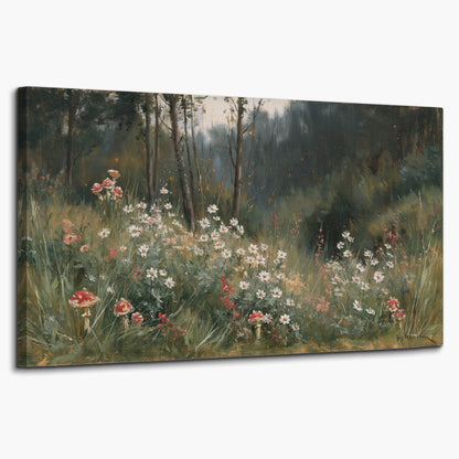 A soft woodland meadow filled with pale flowers and scattered warm red accents single canvas wall art on a white background
