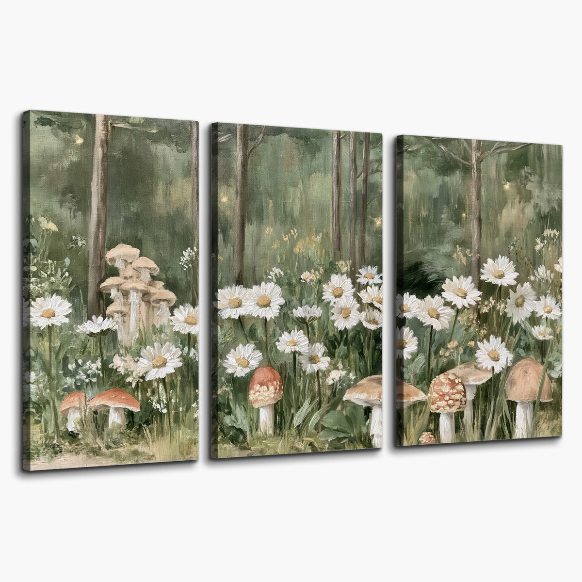 Pale pink mushrooms nestled among white daisies and tall green woodland grasses 3 piece canvas wall art on a white background