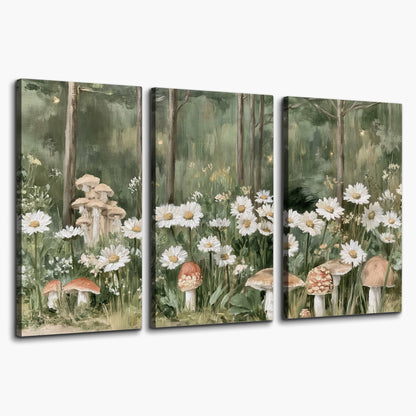 Pale pink mushrooms nestled among white daisies and tall green woodland grasses 3 piece canvas wall art on a white background