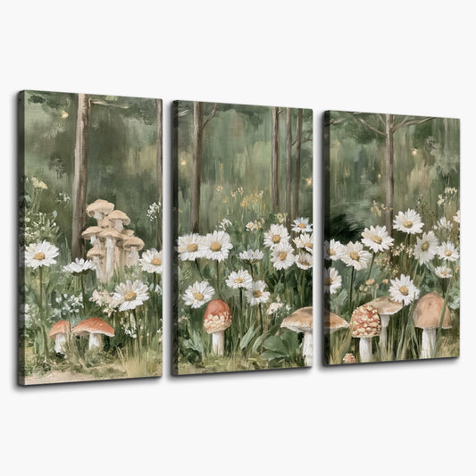 Pale pink mushrooms nestled among white daisies and tall green woodland grasses 3 piece canvas wall art on a white background