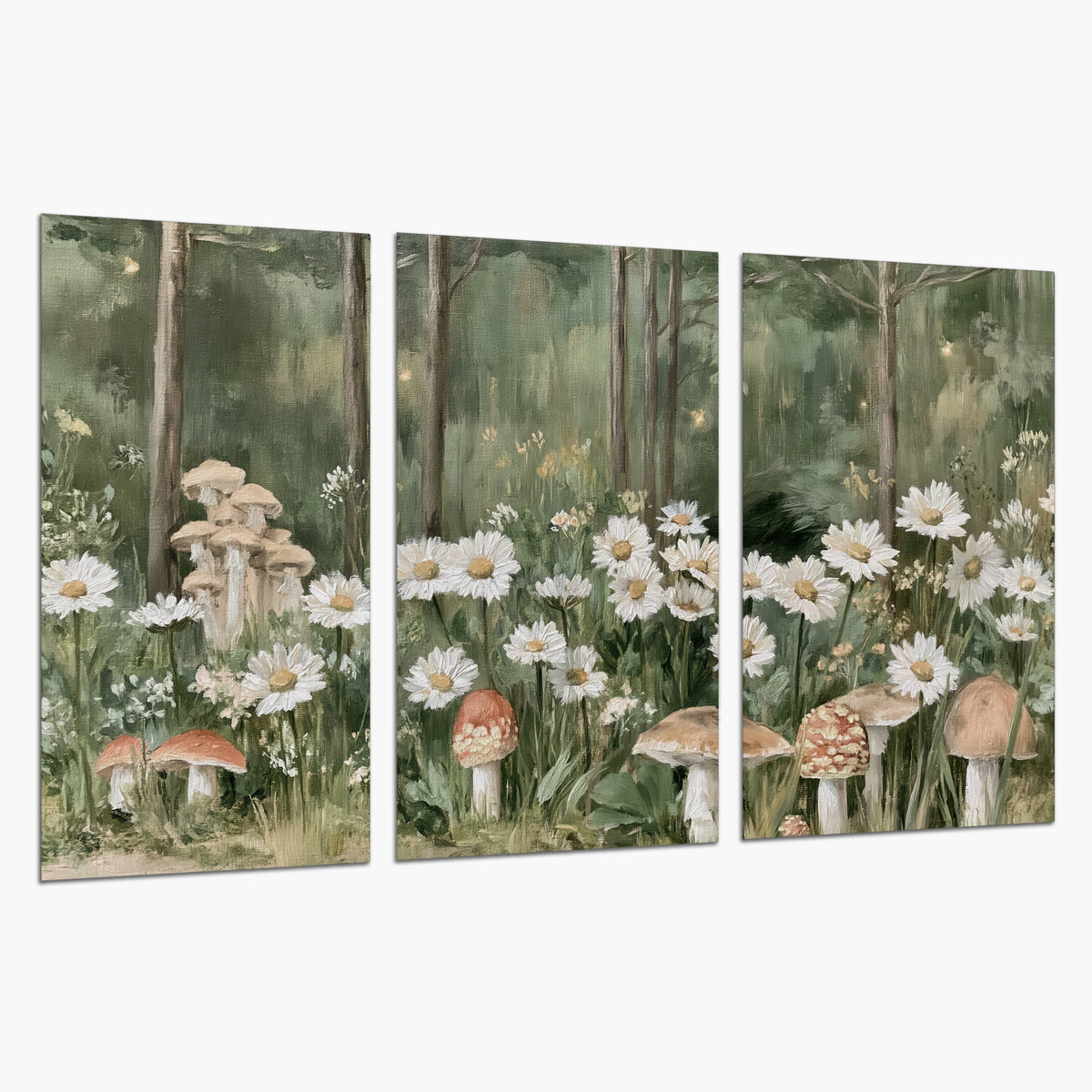 Pale pink mushrooms nestled among white daisies and tall green woodland grasses set of 3 poster prints on a white background