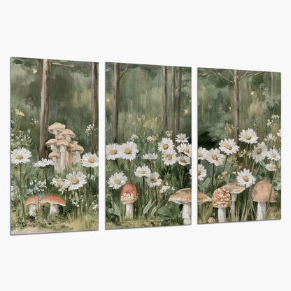 Pale pink mushrooms nestled among white daisies and tall green woodland grasses set of 3 poster prints on a white background