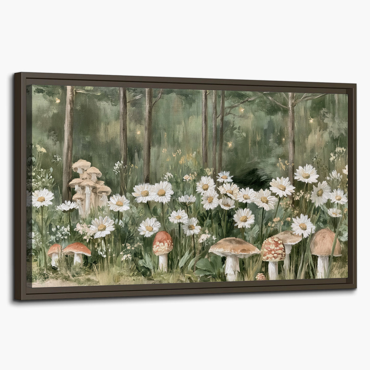 Pale pink mushrooms nestled among white daisies and tall green woodland grasses single framed canvas wall art on a white background