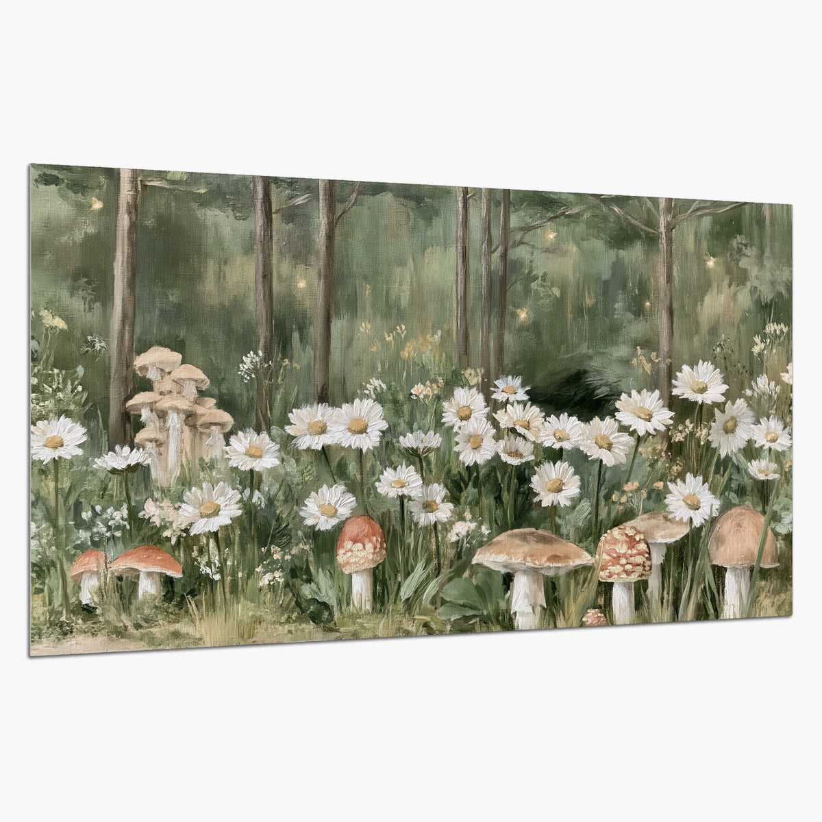 Pale pink mushrooms nestled among white daisies and tall green woodland grasses single poster print on a white background