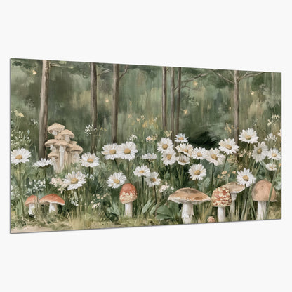 Pale pink mushrooms nestled among white daisies and tall green woodland grasses single poster print on a white background