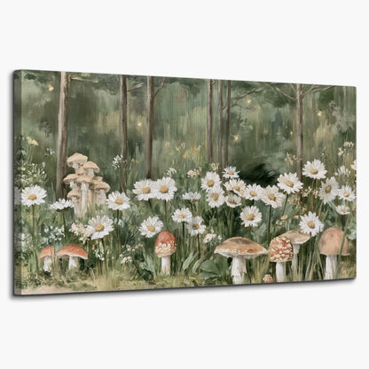 Pale pink mushrooms nestled among white daisies and tall green woodland grasses single canvas wall art on a white background