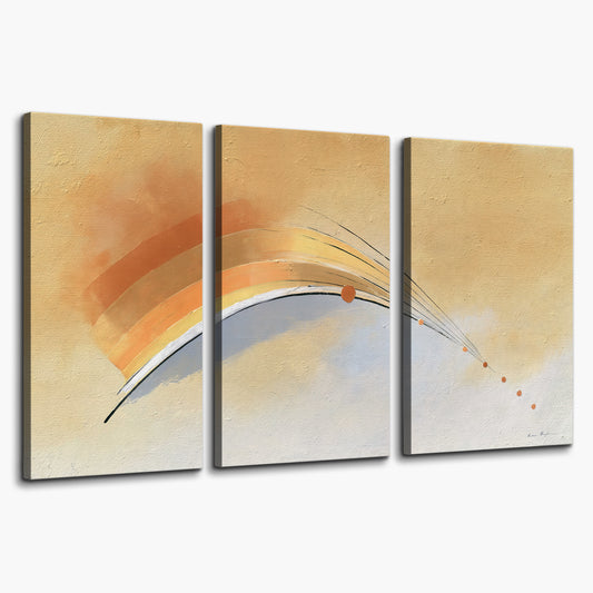 A sweeping ochre and orange arc with fine blue accents on a warm cream background 3 piece canvas wall art on a white background
