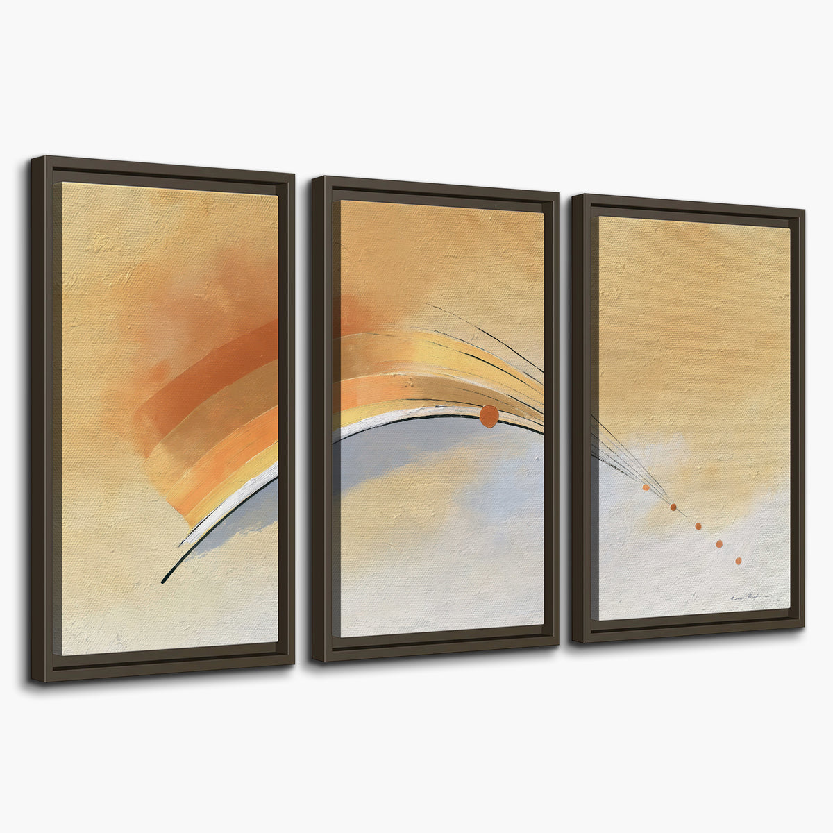 A sweeping ochre and orange arc with fine blue accents on a warm cream background 3 piece framed canvas wall art on a white background
