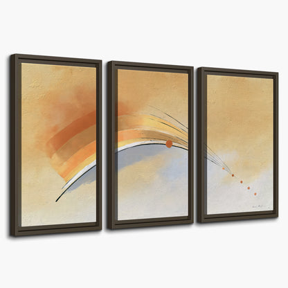 A sweeping ochre and orange arc with fine blue accents on a warm cream background 3 piece framed canvas wall art on a white background