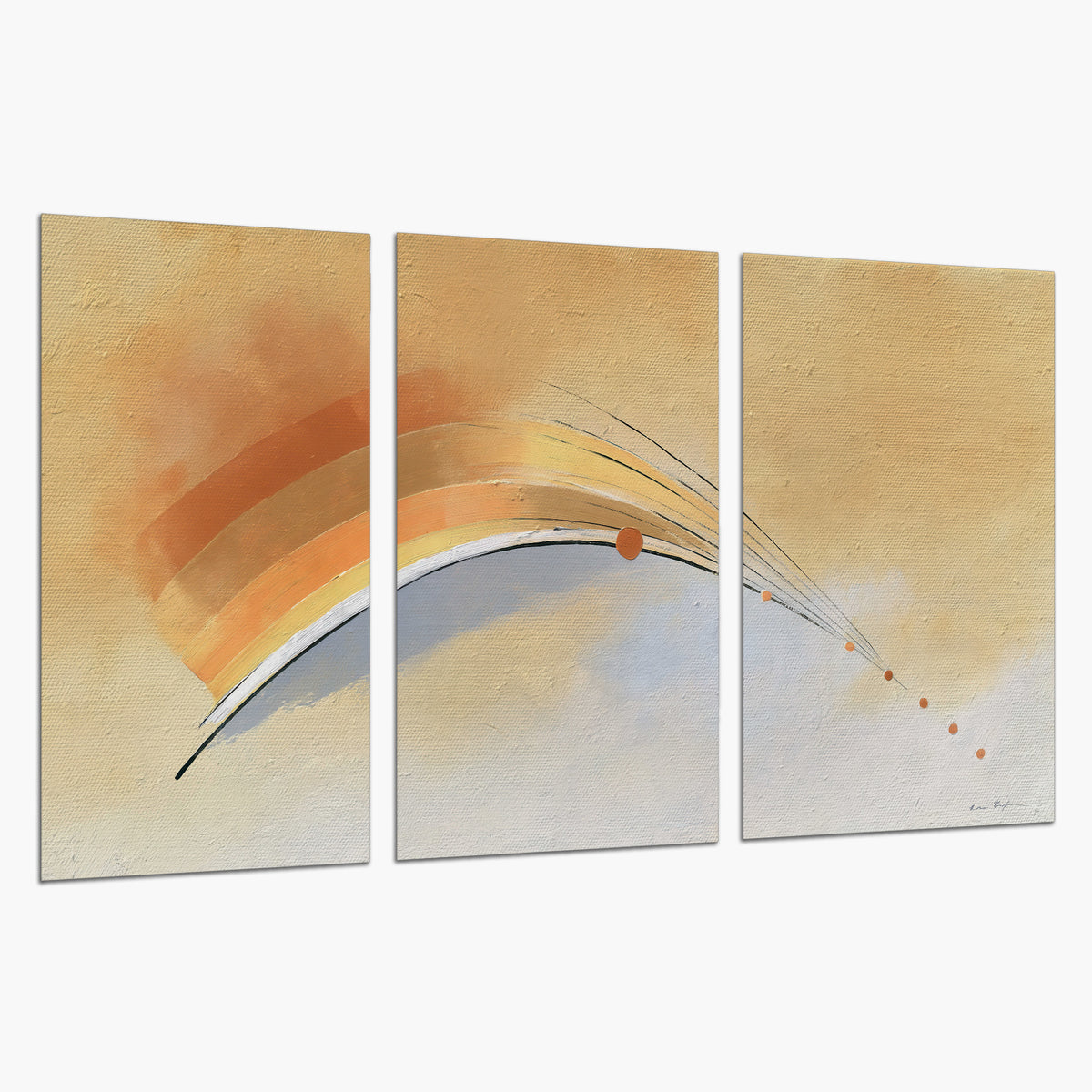 A sweeping ochre and orange arc with fine blue accents on a warm cream background set of 3 poster prints on a white background