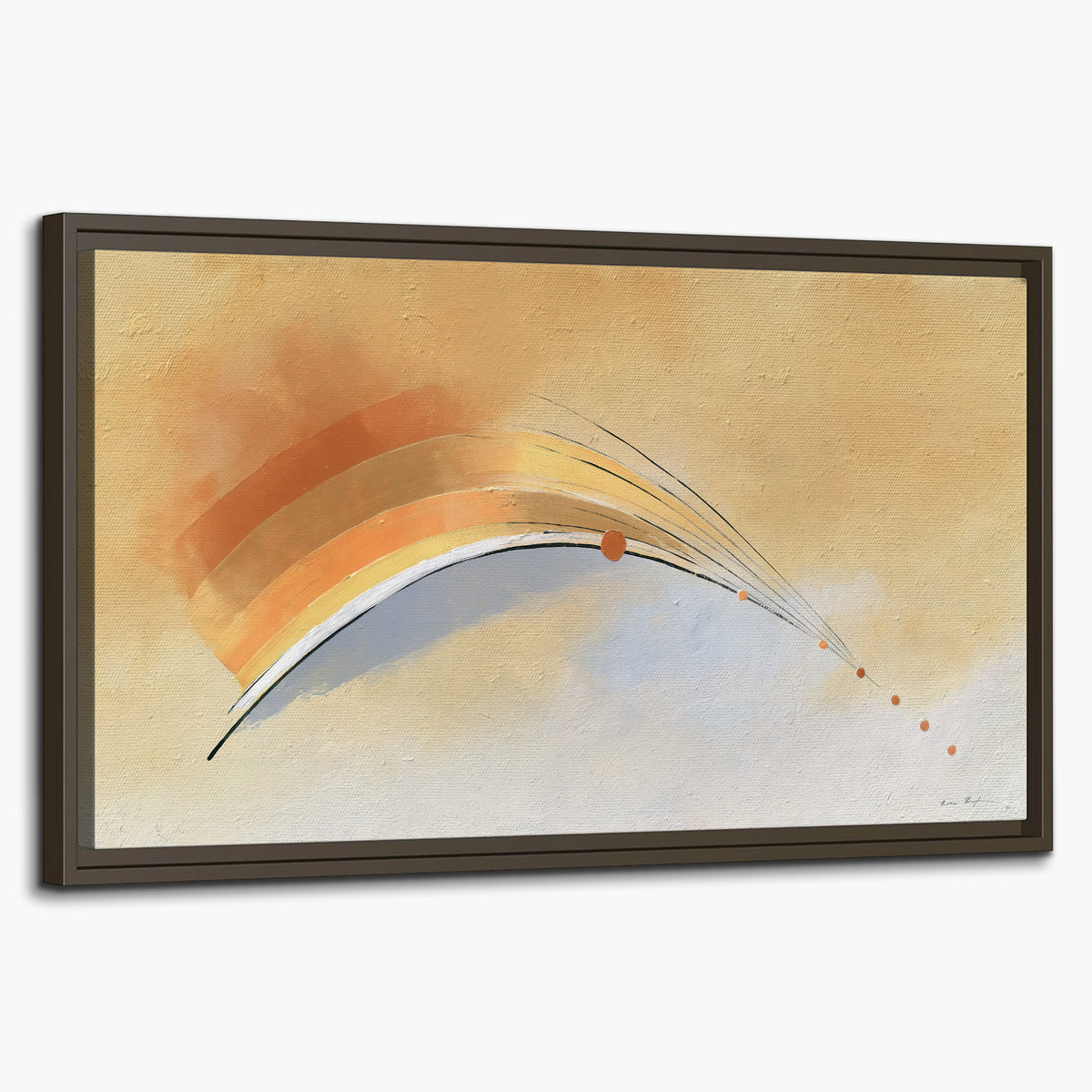 A sweeping ochre and orange arc with fine blue accents on a warm cream background single framed canvas wall art on a white background