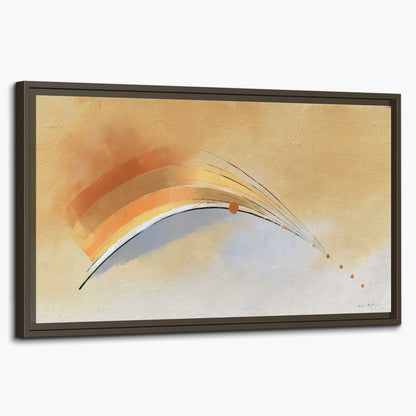 A sweeping ochre and orange arc with fine blue accents on a warm cream background single framed canvas wall art on a white background