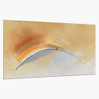 A sweeping ochre and orange arc with fine blue accents on a warm cream background single poster print on a white background