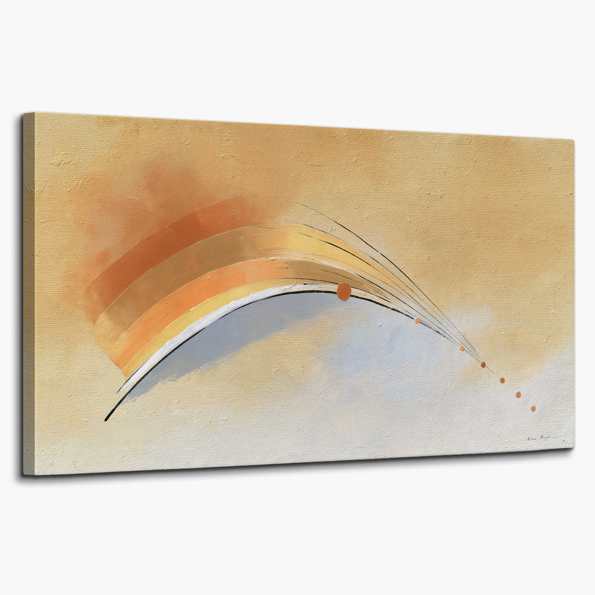 A sweeping ochre and orange arc with fine blue accents on a warm cream background single canvas wall art on a white background