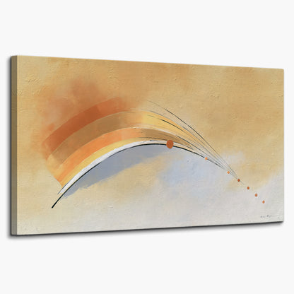 A sweeping ochre and orange arc with fine blue accents on a warm cream background single canvas wall art on a white background