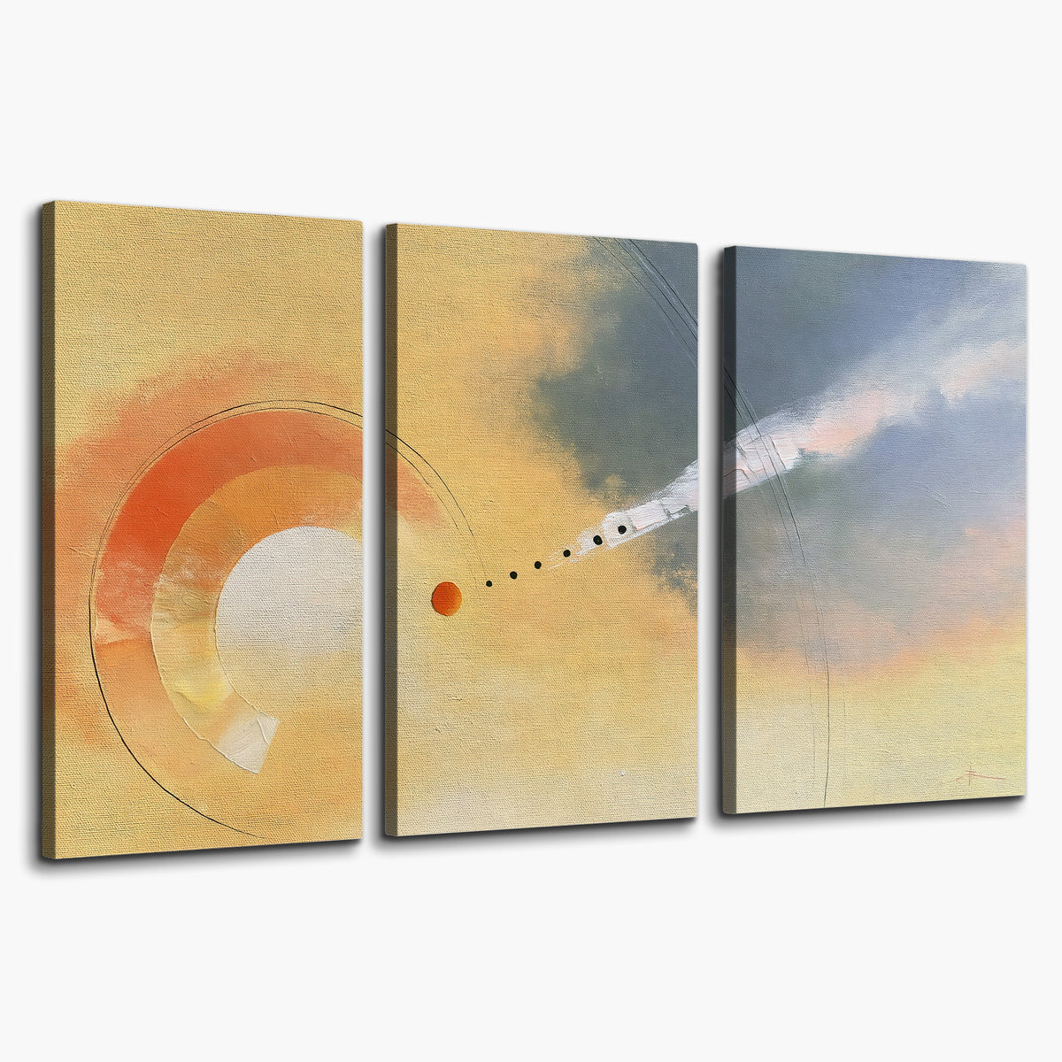 A warm orange circular form and diagonal pale streaks across a muted yellow and blue field 3 piece canvas wall art on a white background