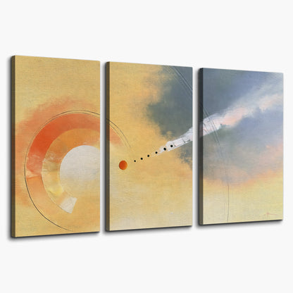 A warm orange circular form and diagonal pale streaks across a muted yellow and blue field 3 piece canvas wall art on a white background