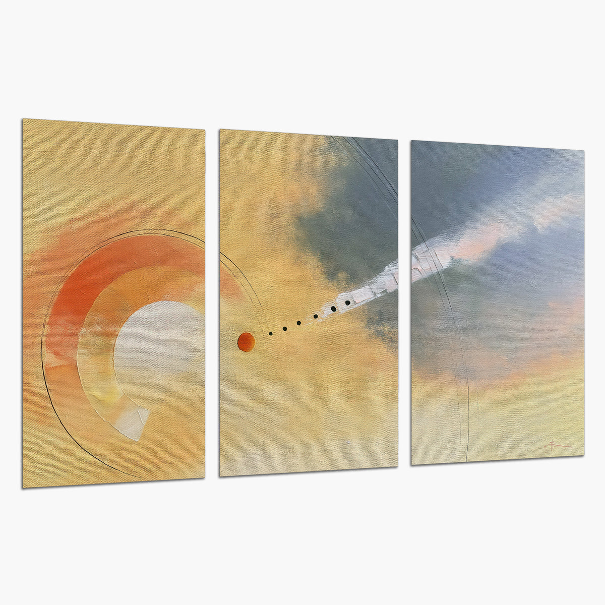 A warm orange circular form and diagonal pale streaks across a muted yellow and blue field set of 3 poster prints on a white background