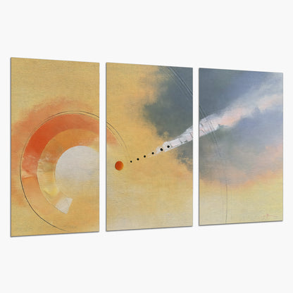 A warm orange circular form and diagonal pale streaks across a muted yellow and blue field set of 3 poster prints on a white background