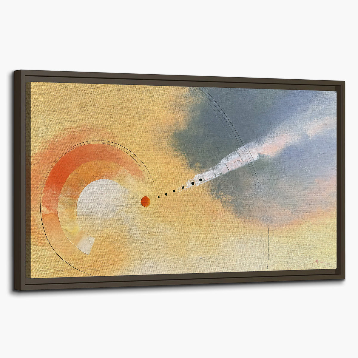 A warm orange circular form and diagonal pale streaks across a muted yellow and blue field single framed canvas wall art on a white background