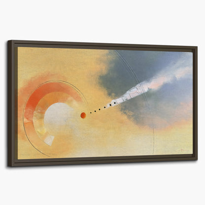 A warm orange circular form and diagonal pale streaks across a muted yellow and blue field single framed canvas wall art on a white background