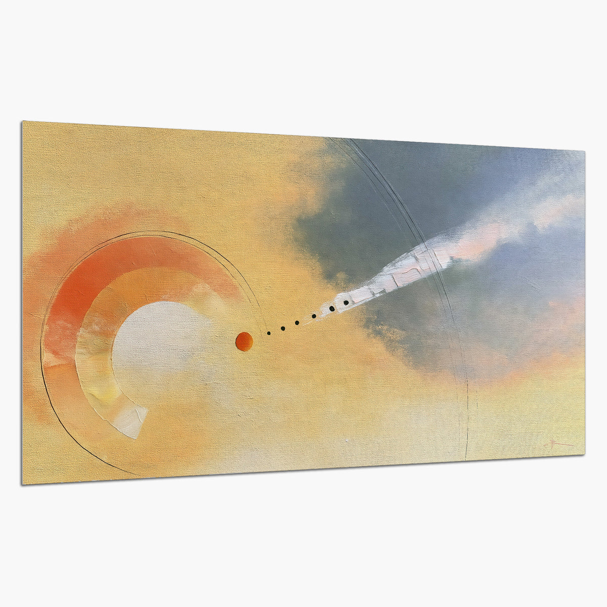 A warm orange circular form and diagonal pale streaks across a muted yellow and blue field single poster print on a white background