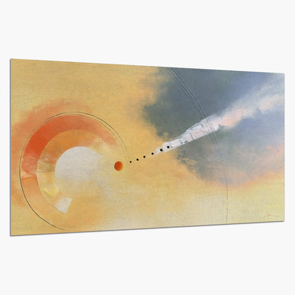 A warm orange circular form and diagonal pale streaks across a muted yellow and blue field single poster print on a white background