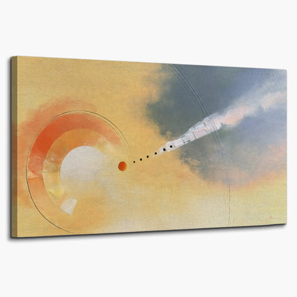 A warm orange circular form and diagonal pale streaks across a muted yellow and blue field single canvas wall art on a white background