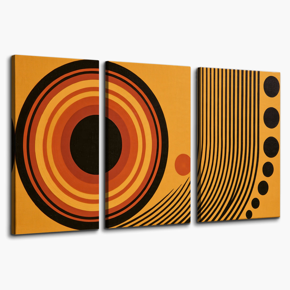 Bold black, orange and golden circles with parallel curved lines and small dots 3 piece canvas wall art on a white background