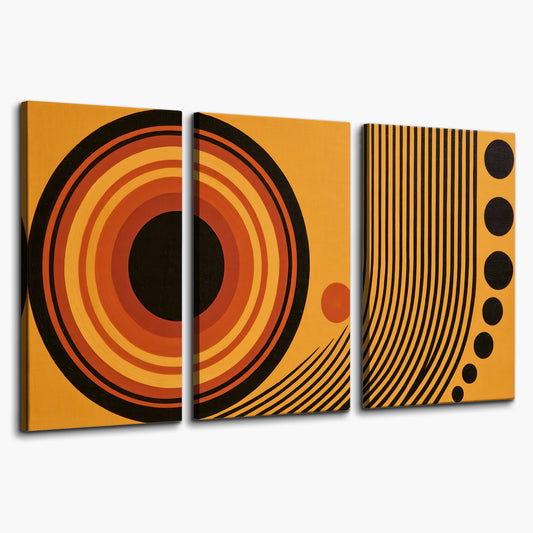 Bold black, orange and golden circles with parallel curved lines and small dots 3 piece canvas wall art on a white background