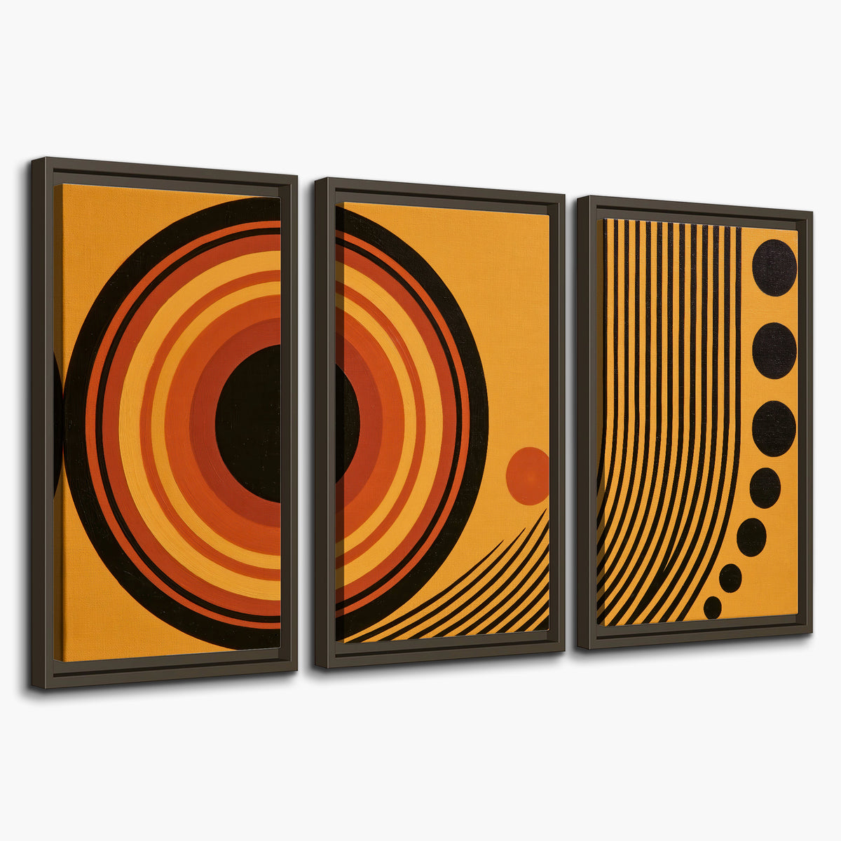 Bold black, orange and golden circles with parallel curved lines and small dots 3 piece framed canvas wall art on a white background