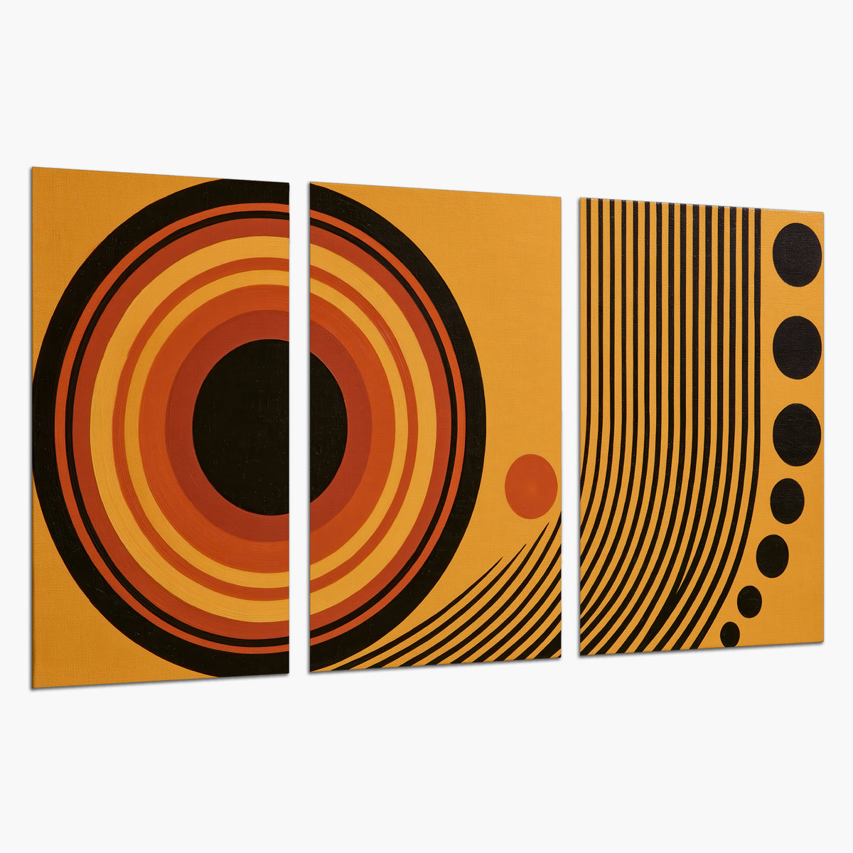 Bold black, orange and golden circles with parallel curved lines and small dots set of 3 poster prints on a white background