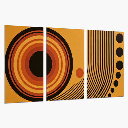 Bold black, orange and golden circles with parallel curved lines and small dots set of 3 poster prints on a white background