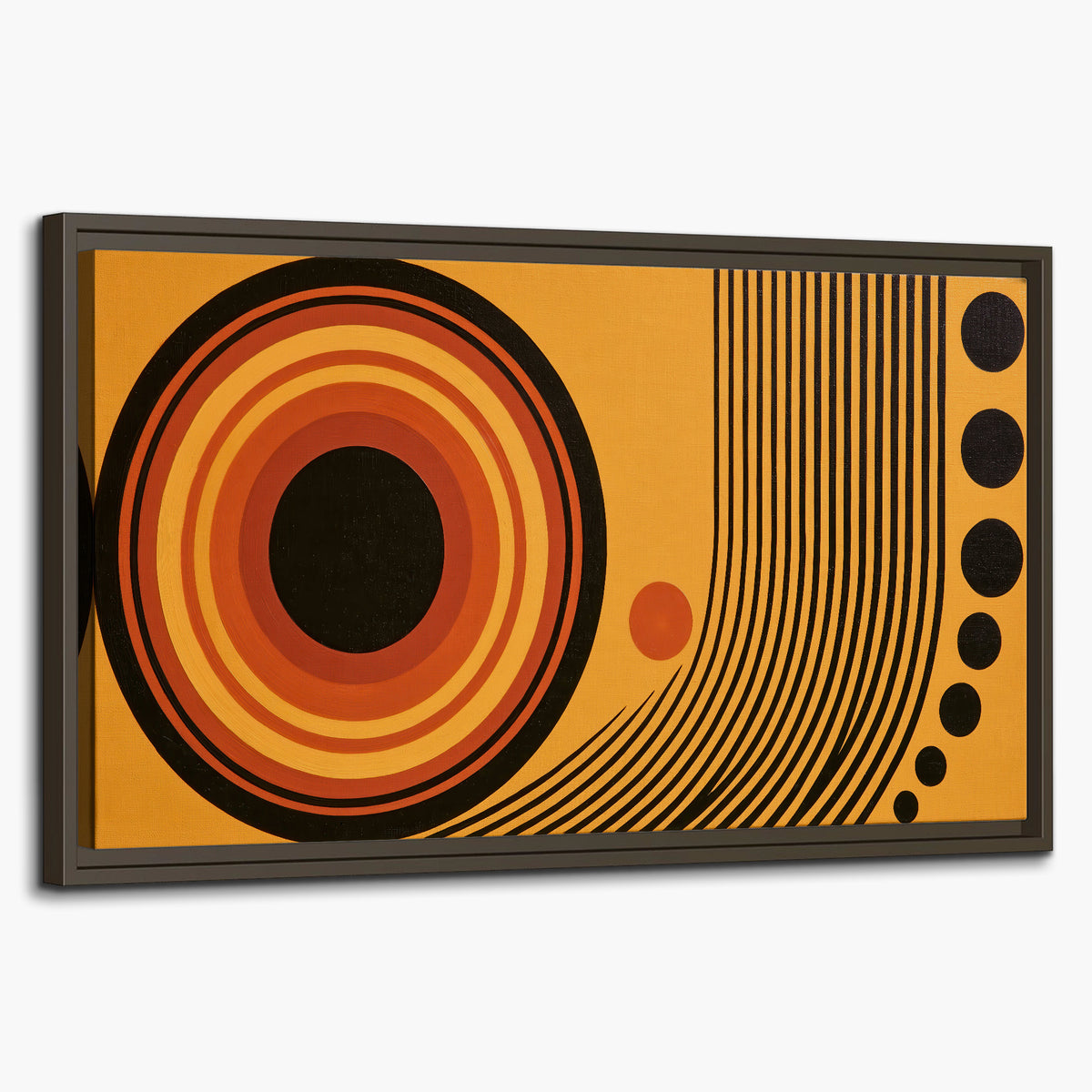 Bold black, orange and golden circles with parallel curved lines and small dots single framed canvas wall art on a white background