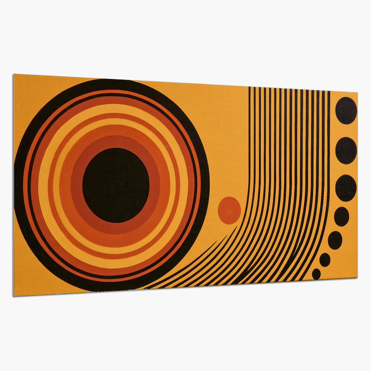 Bold black, orange and golden circles with parallel curved lines and small dots single poster print on a white background