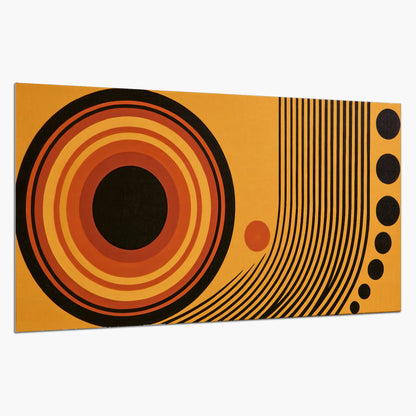 Bold black, orange and golden circles with parallel curved lines and small dots single poster print on a white background