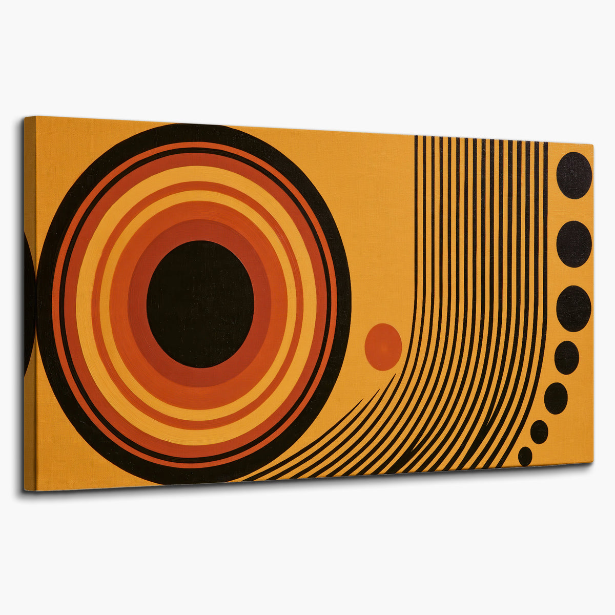Bold black, orange and golden circles with parallel curved lines and small dots single canvas wall art on a white background
