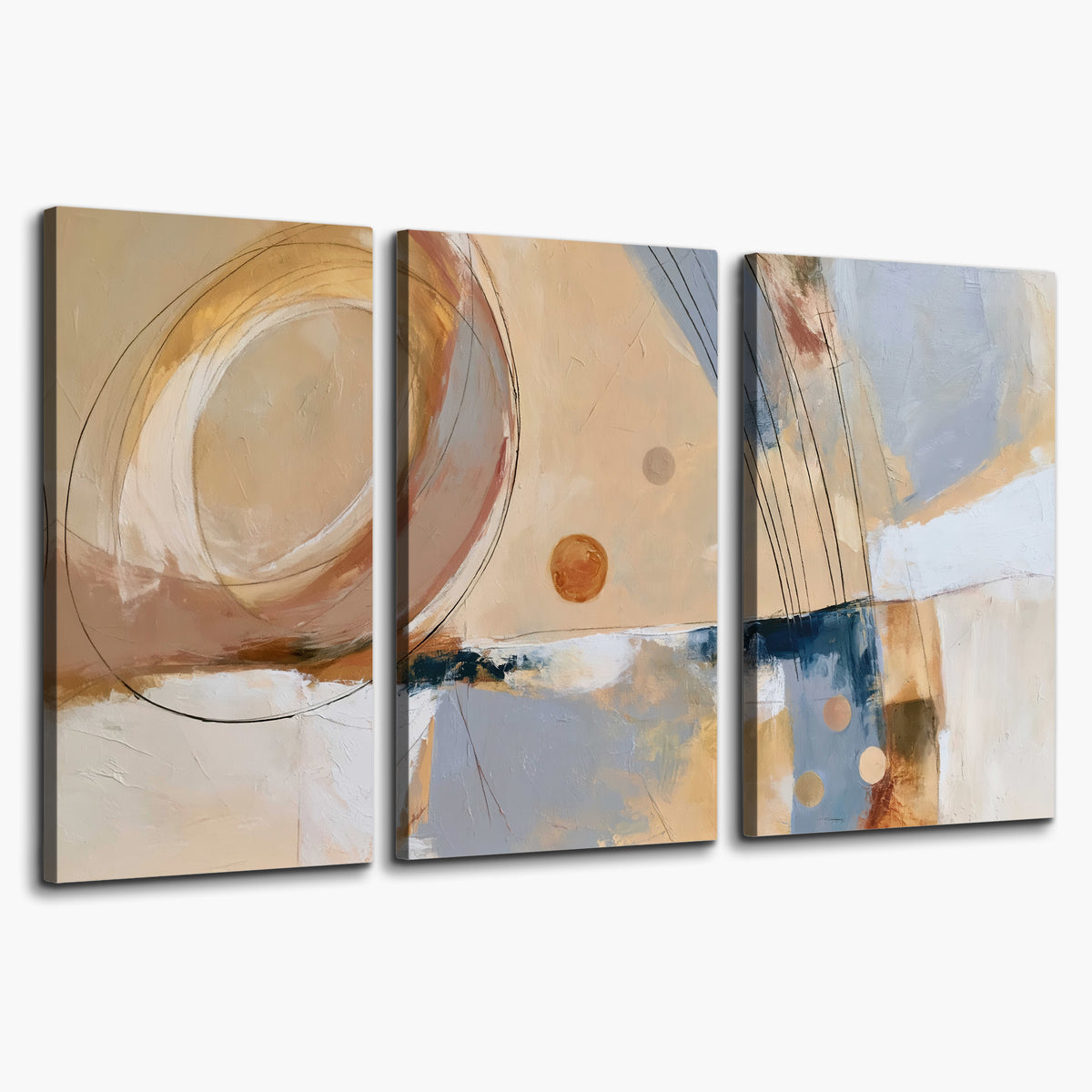 Pale circular forms and fine diagonal lines layered over blue, peach and cream brushstrokes 3 piece canvas wall art on a white background